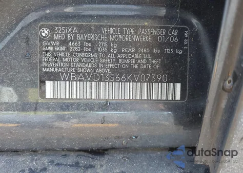 2006 BMW 325Xi z USA, uszkodzony, nr VIN WBAVD13566KV07390